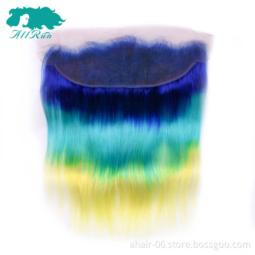 human hair color closure, Aliexpress hair closures ombre 3 tone yellow/blue/purple lace frontal
